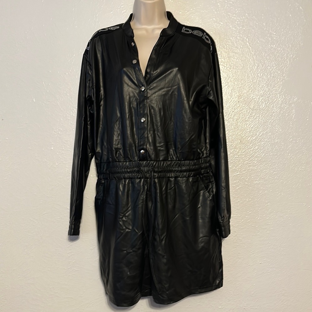 Faux Leather Women size Large BEBE Romper pockets & waist string NEW with tags